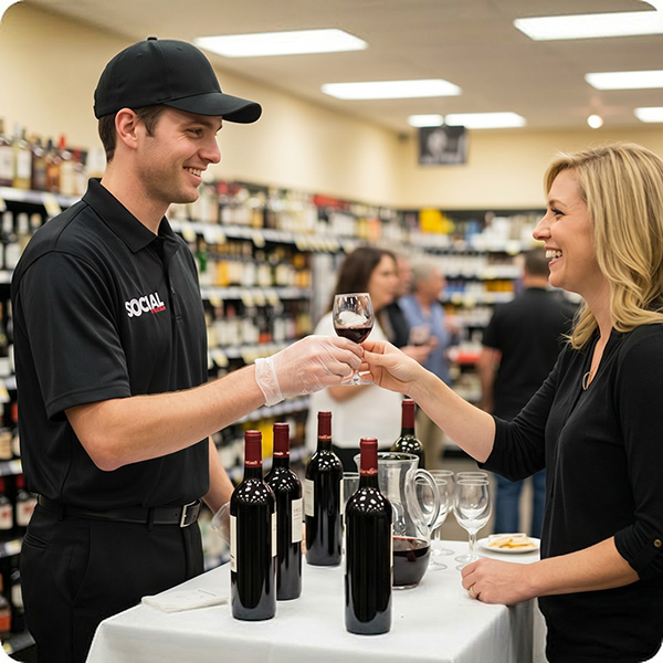 Man handing wine sample to woman