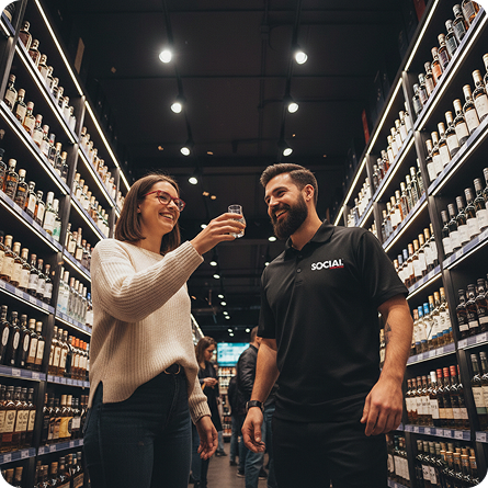 Two people in liquor aisle