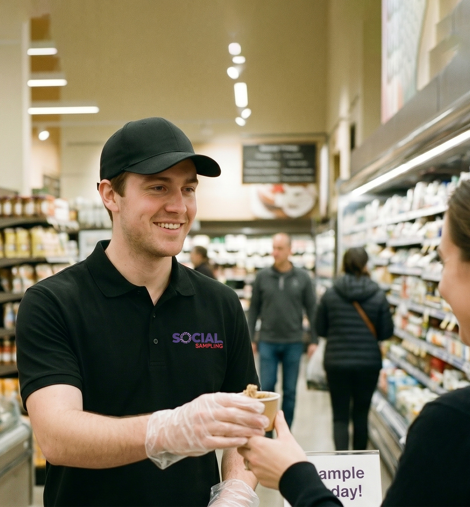 Young man handing out samples